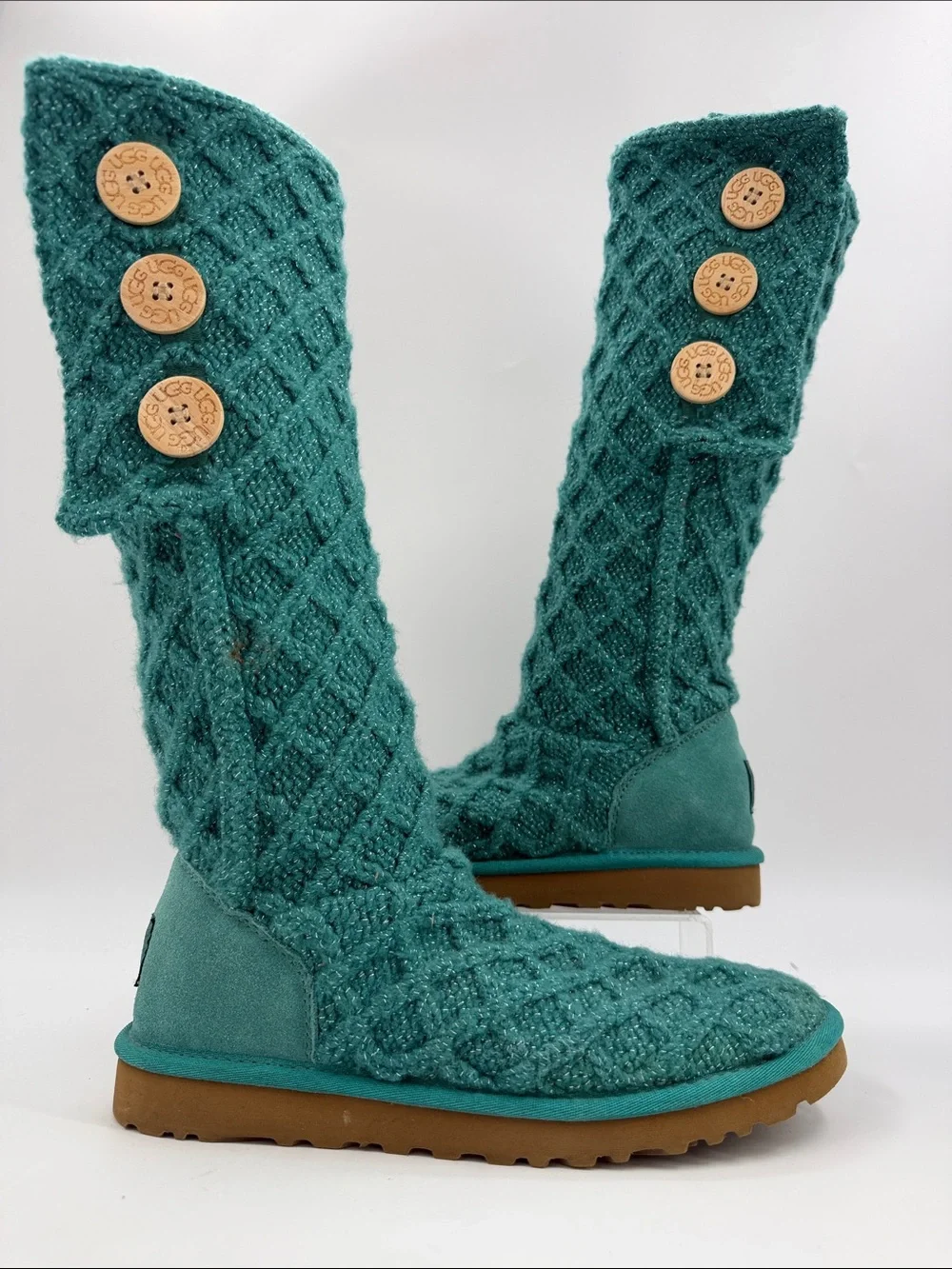 UGG Lattice Cardy Knit Sweater Fold Over Boots Turquoise Blue Green Women's 8.0